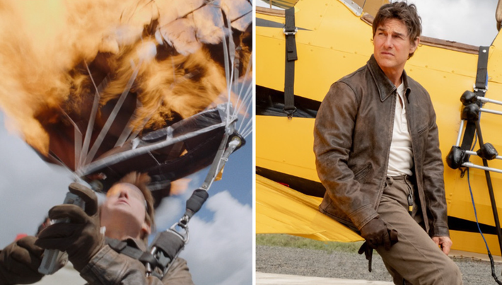 Với tính cách liều lĩnh và sự quyến rũ tinh quái, ngôi sao Tom Cruise đã mê hoặc khán giả qua loạt phim Nhiệm vụ bất khả thi, khi nhân vật của anh - điệp viên Ethan Hunt - trèo lên các tòa nhà chọc trời, lái xe máy lao xuống vách đá và thậm chí treo mình trên thành máy bay trong khi bay. Ảnh: @guinnessworldrecords.