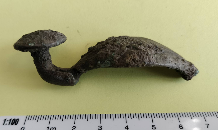Chiếc trâm dài 7cm, chiều rộng tối đa 2,4 cm. Nó có hai phần riêng biệt: một đầu hình nấm và một đầu hình đáy thuyền. Có một họa tiết trang trí dễ thấy ở mặt trên của phần đáy thuyền. Ảnh: @Văn phòng Bảo vệ Di tích Tỉnh Lublin.