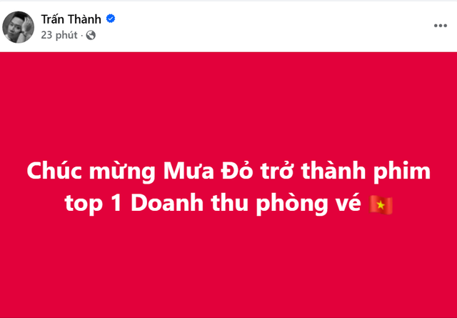 Trấn Thành gửi lời chúc mừng đến ê-kíp phim Mưa đỏ. Ảnh chụp màn hình. tranthanhchucmung.png