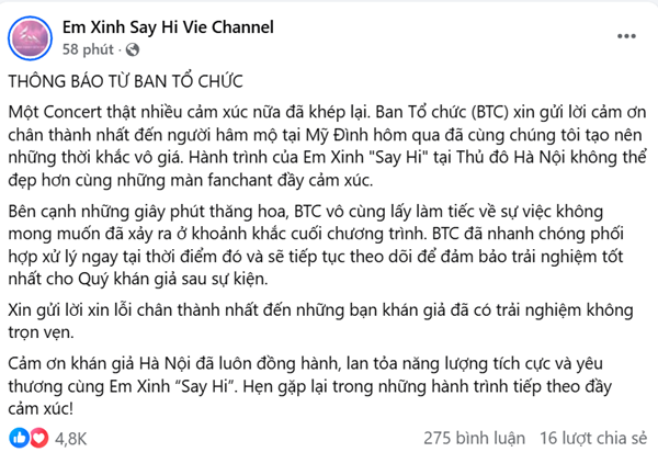 BTC lên tiếng sự cố trong concert Em xinh say hi. Ảnh: Em xinh say hi. emxinh.png