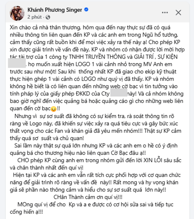 Nam ca sĩ giải thích về vụ MV vướng nghi vấn quảng cáo trang cá cược. Ảnh chụp màn hình. khanhphuong1.png