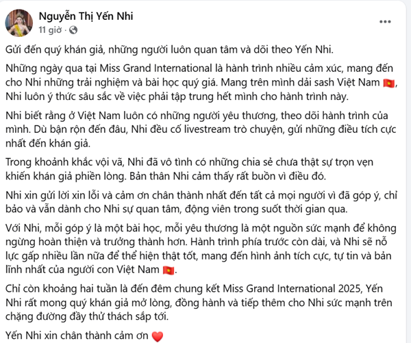 Yến Nhi xin lỗi khán giả vì phát ngôn trong livestream. Ảnh: FB Yến Nhi. yenhi1.png