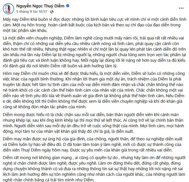 Thúy Diễm lên tiếng về cảnh hôn trên sân khấu. Ảnh chụp màn hình. thuydiem2.png
