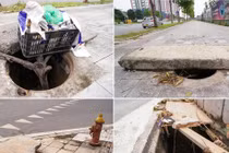 Hàng loạt hố ga không nắp trên tuyến đường mới mở ở Long Biên