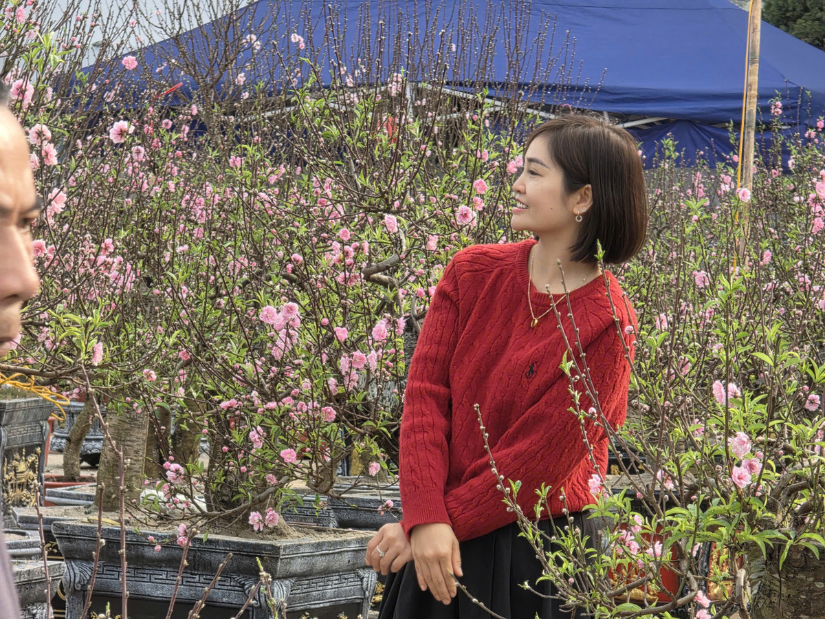 Tại phiên chợ Tết, những nhóm bạn thay phiên nhau tạo dáng bên tiểu cảnh mùa xuân.