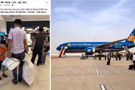 Không có vali, 2 bố con dùng bao tải đựng hành lý khi đi máy bay gây tranh cãi