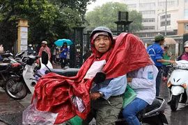 Xúc động cha mẹ đội mưa đưa con đi làm thủ tục dự thi