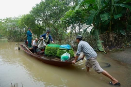 Mưa ngập, người dân bãi giữa sông Hồng phải đi lại bằng thuyền