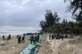 Hàng trăm bộ đội, người dân gia cố khẩn cấp bờ biển Mỹ Khê