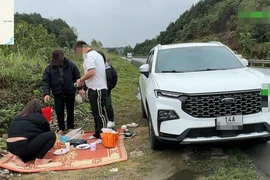 Phạt 13 triệu tài xế dừng xe, trải chiếu ăn cơm cạnh cao tốc