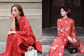 Nhiều hot girl xuống phố chụp ảnh Tết sớm tròng tà áo dài đỏ