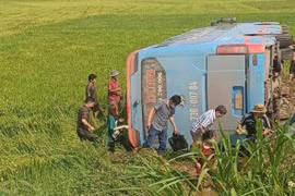 Quảng Ngãi: Xe khách mất lái lao xuống ruộng, nhiều người bị thương