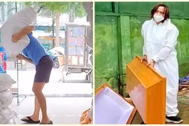 Hình ảnh chồng Việt Hương vác gạo, khiêng áo quan khi làm từ thiện