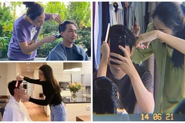 Đàm Thu Trang và loạt mỹ nhân Việt trổ tài cắt tóc cho chồng