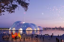 Mái vòm nhà hát có kết cấu vỏ mỏng và hiệu ứng ngọc trai đặc biệt.