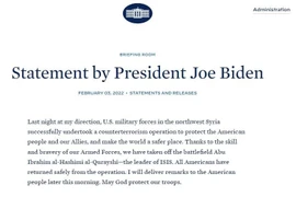 Tổng thống Joe Biden xác nhận đã tiêu diệt thủ lĩnh tối cao của IS ở Idlib