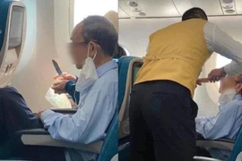 Hai vợ chồng lớn tuổi xuất phát trên chuyên bay Vietnam Airlines từ TPHCM ra Hà Nội. Trên máy bay người vợ dùng dao gọt trái cây thì bị phát hiện. Ảnh: Mạng xã hội. 