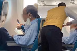 Hai vợ chồng lớn tuổi xuất phát trên chuyên bay Vietnam Airlines từ TPHCM ra Hà Nội. Trên máy bay người vợ dùng dao gọt trái cây thì bị phát hiện. Ảnh: Mạng xã hội. 