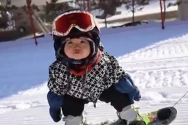 Bé Wang Yuji mới 11 tháng tuổi nhưng đã biết trượt tuyết.