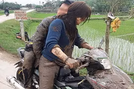 Để bạn gái đèo đi du xuân, cặp đôi ngã sấp mặt xuống ruộng