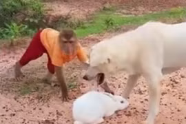 Xem khỉ cố bảo vệ thỏ con khỏi nanh vuốt của chó