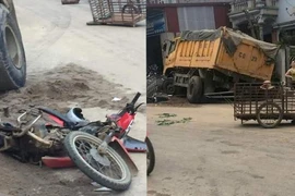 Phú Thọ: Xe máy nằm dưới bánh xe tải sau cú va chạm kinh hoàng
