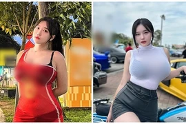 Hot girl siêu vòng một mặc xuyên thấu khoe dáng trên phố