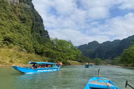 Thuyền nối đuôi chở khách du xuân ngắm động Phong Nha