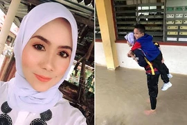 Cô giáo xinh đẹp cõng học sinh băng qua nước lũ