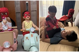 Cường Đô la khoe hai con hóa siêu nhân vô cùng đáng yêu