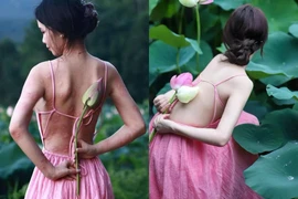Gái xinh tạo dáng chụp sen, hậu trường lưng trần chi chít muỗi cắn