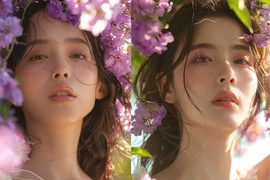 Thiếu nữ AI xinh đẹp, gợi cảm chụp ảnh cùng bằng lăng tím