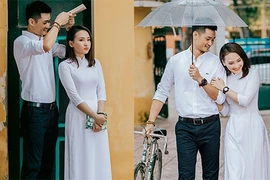 Bảo Thanh diện áo dài trắng, tình tứ bên ông xã mùa khai trường