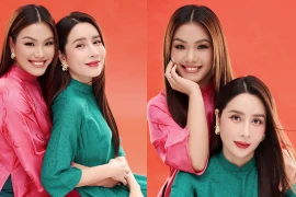 Lưu Hương Giang khoe bộ ảnh áo dài Tết cùng Phương Vy