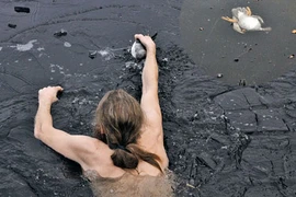 Liều mình nhảy xuống hồ băng cứu vịt khỏi chết đuối