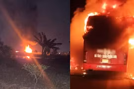 Xe khách giường nằm chở khoảng 30 người cháy trơ khung ở Ninh Bình