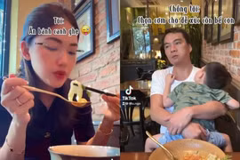 Thanh Tú bình thản ăn uống, chồng đại gia chăm con