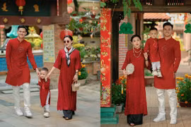 Vợ Hồ Tấn Tài mặc áo dài cùng chồng con du xuân