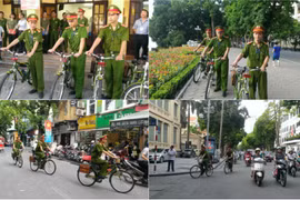 Ảnh công an Hà Nội tuần tra bằng xe đạp