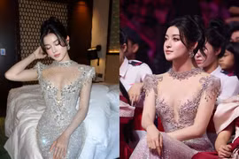 Á hậu Huyền My thích thú với đầm khoe vòng 1 lấp ló