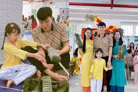 Quế Ngọc Hải cùng con gái gói bánh tét sum vầy ngày Tết