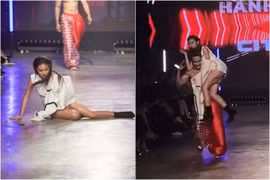 Đi catwalk ngã đau, hot girl "bắp cần bơ" được trai đẹp cứu