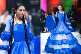 Diện Việt Phục lên sàn diễn, vợ thủ môn Bùi Tiến Dũng visual "10 điểm"