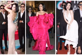 Angela Phương Trinh liên tục thay váy áo, được dàn vệ sĩ vây quanh