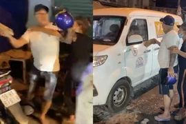 Người đàn ông cầm mũ bảo hiểm, gạch đá ném bể kính xe tải