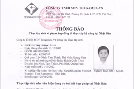 Thông báo thực tập sinh bỏ trốn khỏi nơi làm việc ở Nhật Bản