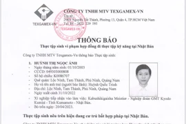 Thông báo thực tập sinh bỏ trốn khỏi nơi làm việc ở Nhật Bản