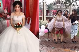 Cô dâu vui vẻ mặc quần đùi, đi giày thể thao trong ngày mưa bão