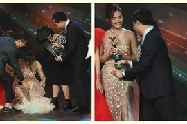 Huyền Lizzie bị ngã khi nhận giải VTV Awards 2022