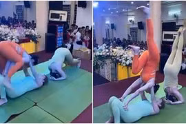 3 cô gái mặc đồ bó sát biểu diễn yoga góp vui ở đám cưới